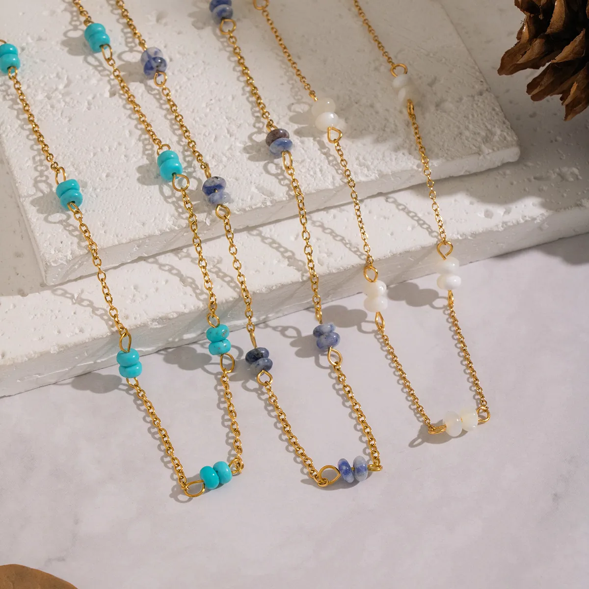 Natural Stone Beaded Necklace 18K Gold Plated 304 Stainless Steel Waterproof Anti Tarnish Minimalist Dainty Jewelry Women