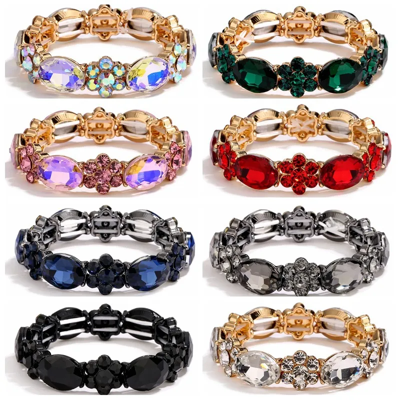 Vintage Alloy Artificial Crystal Stretch Bracelet Oval Gemstone Flower Pattern Elastic Bangle For Women Jewelry Gift