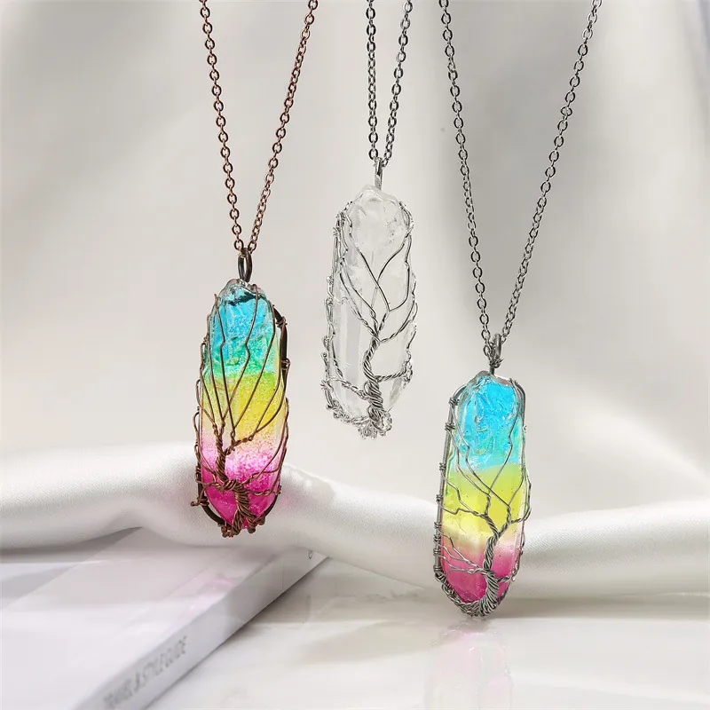 Collier Pointe De Cristal Arbre De Vie Enroulé De Fil Pendentif Pierre Naturelle Chaîne En Acier Inoxydable Pour Femmes Bijoux De Guérison