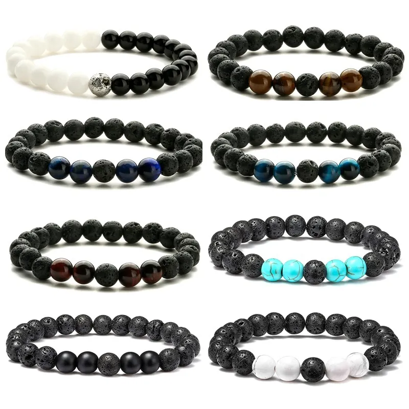 Bracelet en Perles de Pierre de Lave Naturelle et Oeil de Tigre Bracelet de Roche de Lave Énergétique Fait Main Bijoux pour Hommes Femmes
