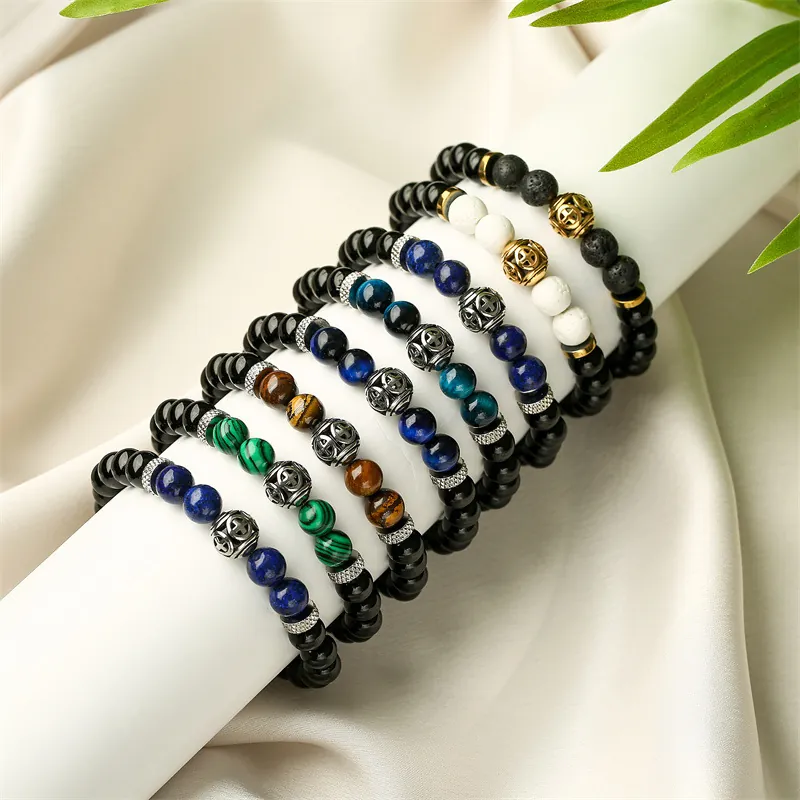 Bracelet Perles Croix Évidée en Pierre Naturelle Acier Inoxydable Œil de Tigre Pierre de Lave Agate Bracelet Élastique Homme Femme Bijoux