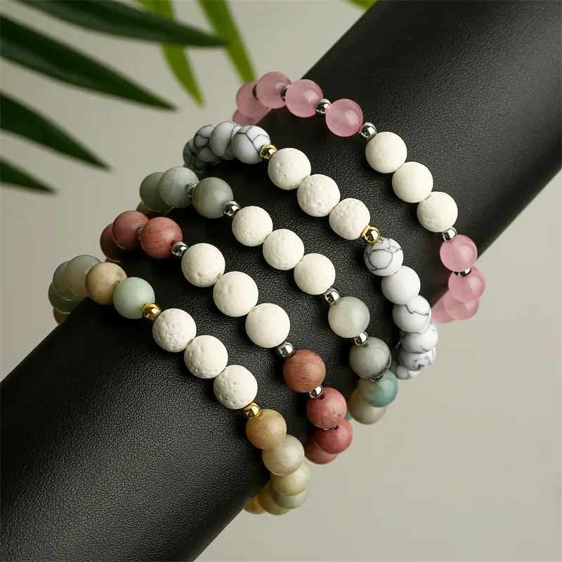 Natural Stone Beaded Bracelet Lava Volcanic Rock Stainless Steel Spacer Beads Healing Yoga Unisex Jewelry