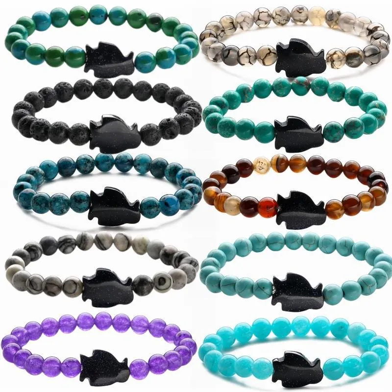 Natural Stone Agate Tiger Eye Beaded Bracelet Blue Sandstone Penguin Fish Pendant Elastic Yoga Bracelet For Men Women Jewelry