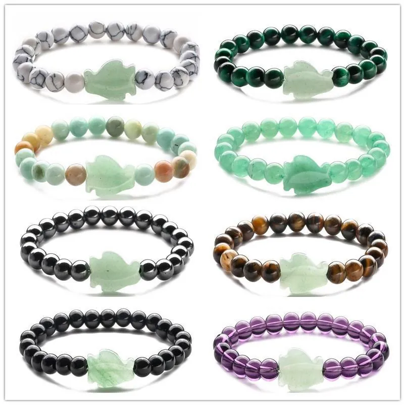 Braccialetti di Perline in Pietra Naturale per Donna Uomo Avventurina Verde Occhio di Tigre Agata Con Pendente Foglia Animale Gioielli Boho