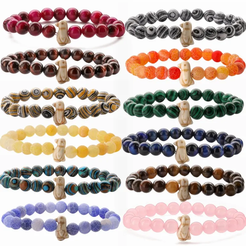Natural Stone Beaded Bracelet With Penguin Pendant Tiger Eye Agate Weathered Stone Elastic Strand Bracelet For Unisex Jewelry