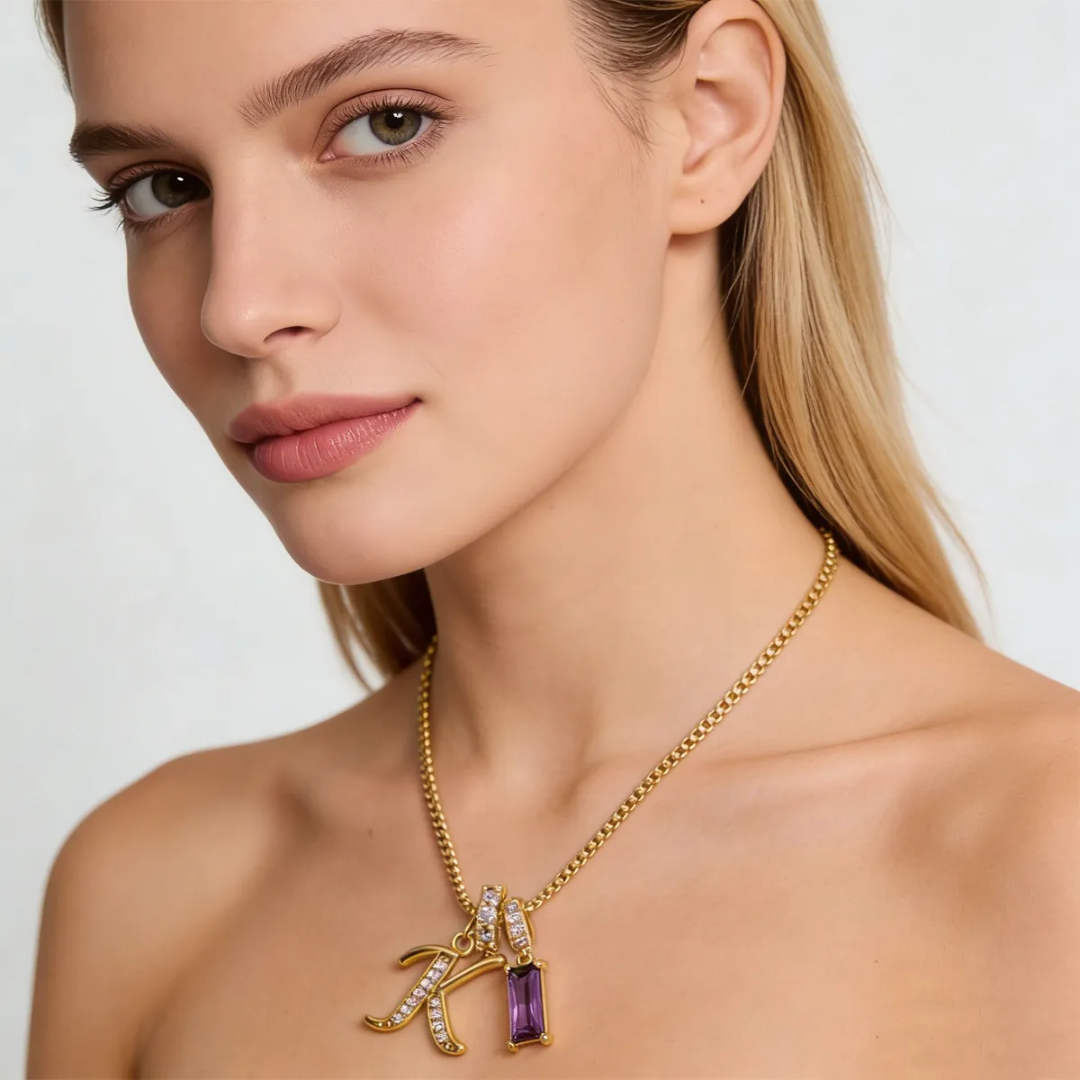 Collana con Ciondolo 26 Lettere Iniziali in Rame Zirconia con Catena Box Pietra Preziosa Rettangolare Viola Gioielli da Donna