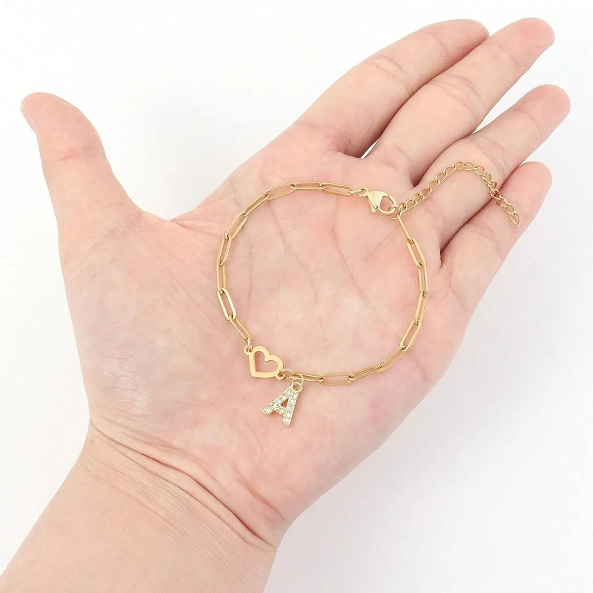 Roestvrij Stalen Beginletter Hart Paperclip Armband Voor Dames Verguld Zirkonia Alfabet Hanger Gepersonaliseerde Sieraden Cadeau