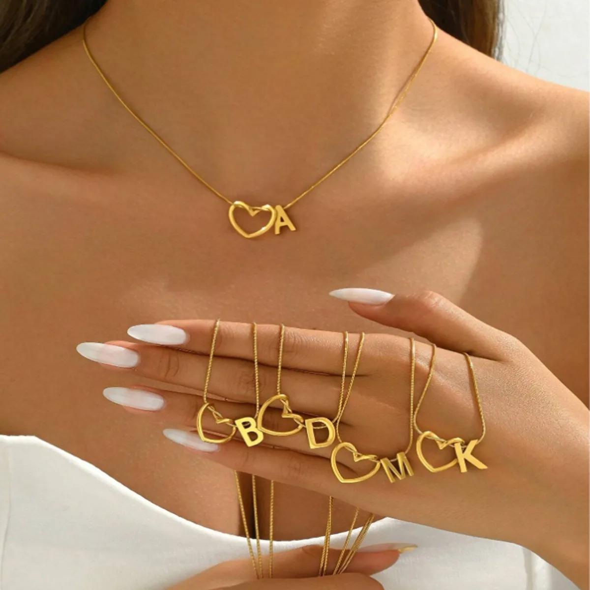 Stainless Steel Heart Initial Necklace For Women Gold Silver Plated English Alphabet Letter Pendant Hollow Snake Chain Necklace Jewelry