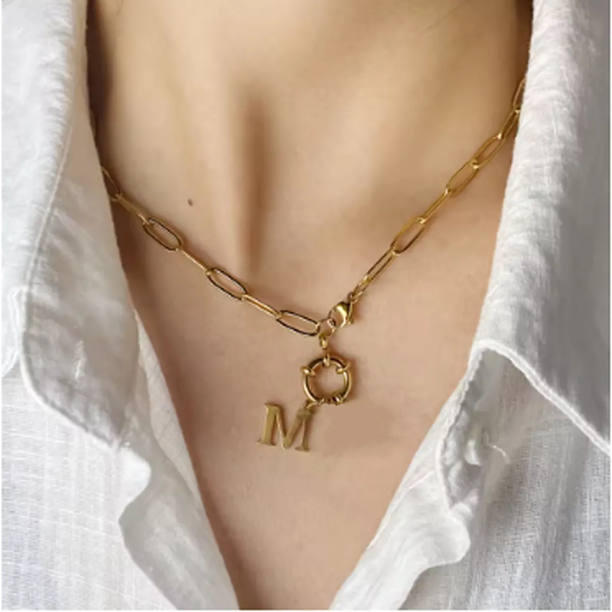 Stainless Steel Paperclip Chain Necklace OT Buckle Initial Alphabet Pendant Hip Hop Fashion Jewelry For Men Women Gift