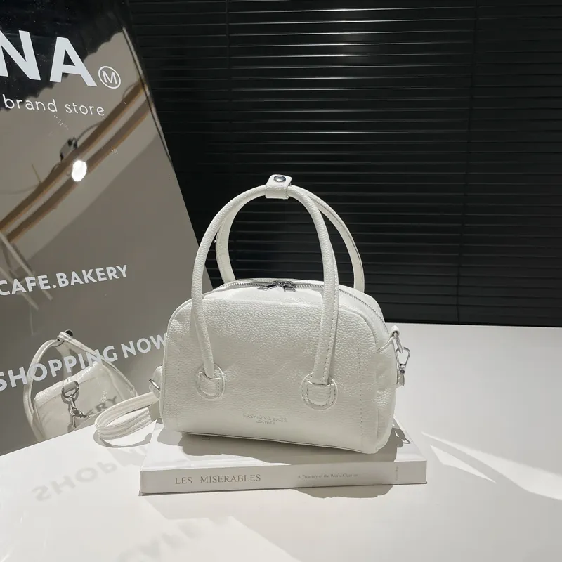 Sac Bowling Minimaliste en Cuir PU pour Femmes Motif Litchi Polyvalent Sac à Bandoulière Commuter Avec Poignée Supérieure