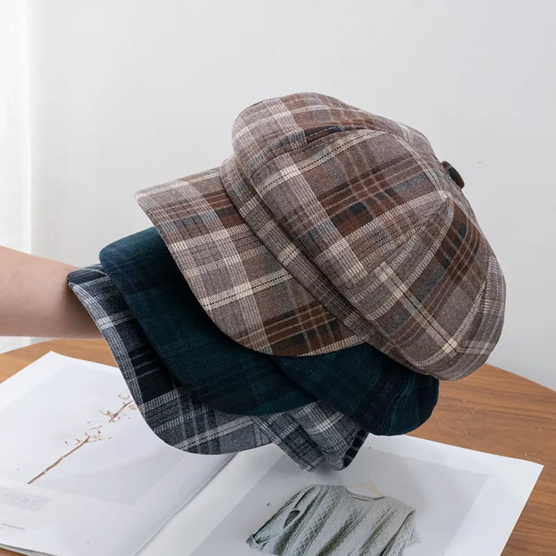 British Vintage Plaid Newsboy Cap Cotton Blend Adjustable Octagonal Beret Painter Hat Retro Checkered Flat Cap For Women Men