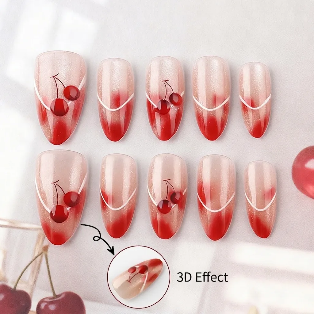 Unghie Finte in Rilievo 3D Ciliegia Occhio di Gatto Sfumatura Rossa Forma a Mandorla Stile Francese Unghie Rimovibili per Donna