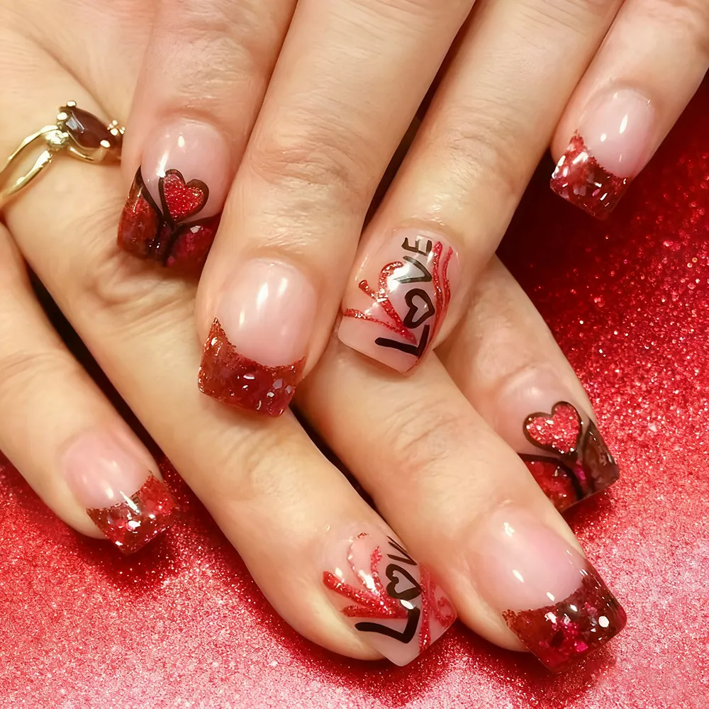 French Press On Nails Short Square Heart Love Pattern Red Silver Glitter False Nails For Women Valentine's Day