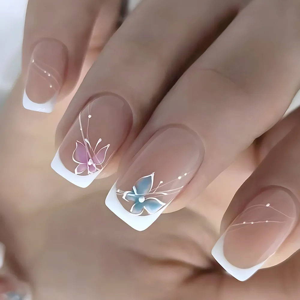 Faux Ongles Bout Français Avec Motifs Papillon Forme Carrée Plastique ABS Ongles Réutilisables Pour Femme Décoration Quotidienne