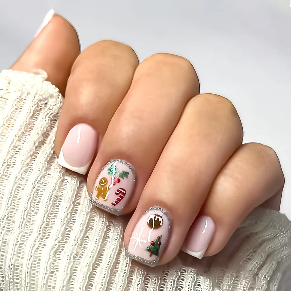 Pink Christmas Press On Nails French Tip Short Square Fake Nails Gingerbread Man Tree Snowflake Pattern Reusable Nails Women