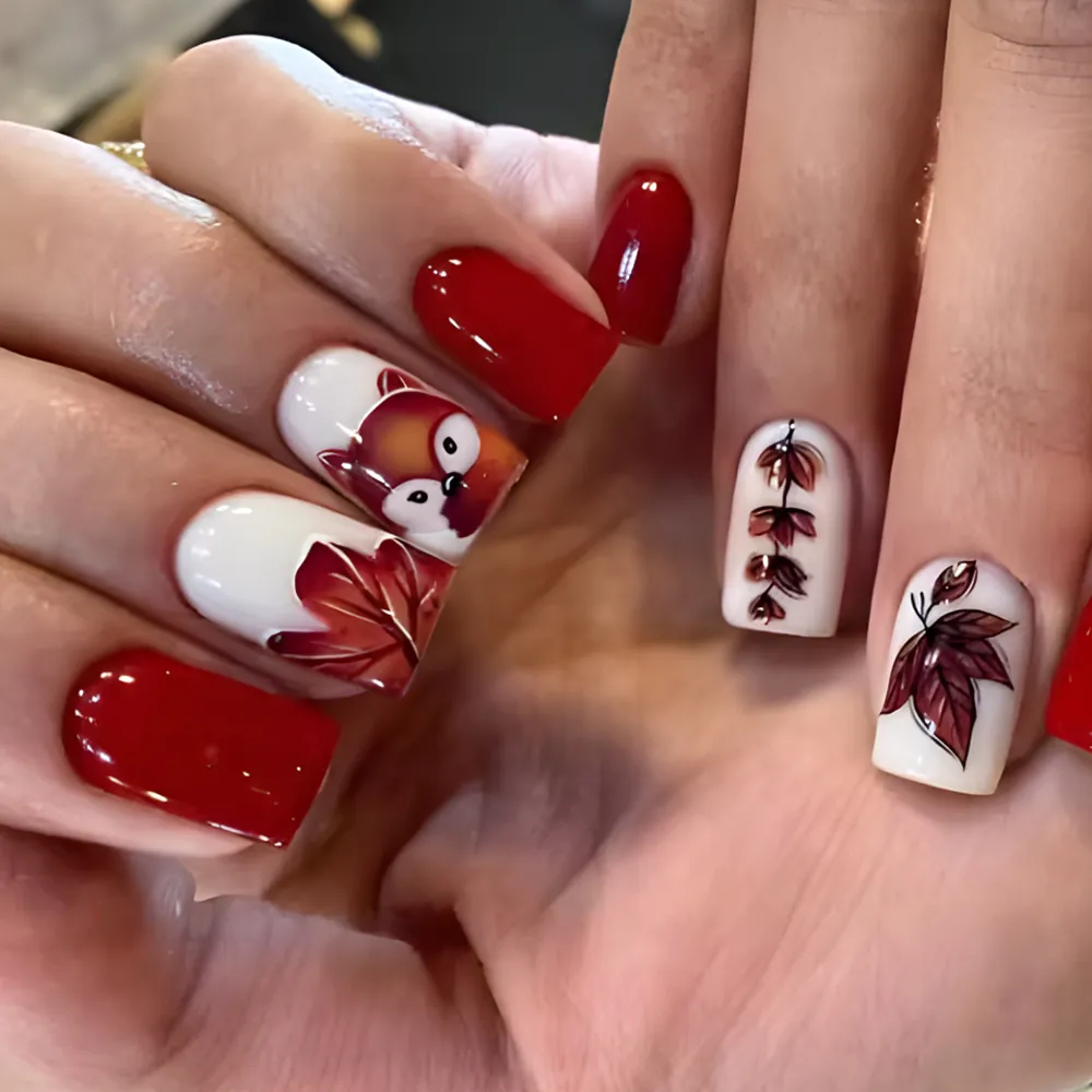 Unghie Finte a Pressione Autunnali Volpe Foglia di Acero Corte Quadrate Rosso Bianco Lucido Cartone Animato per Donna