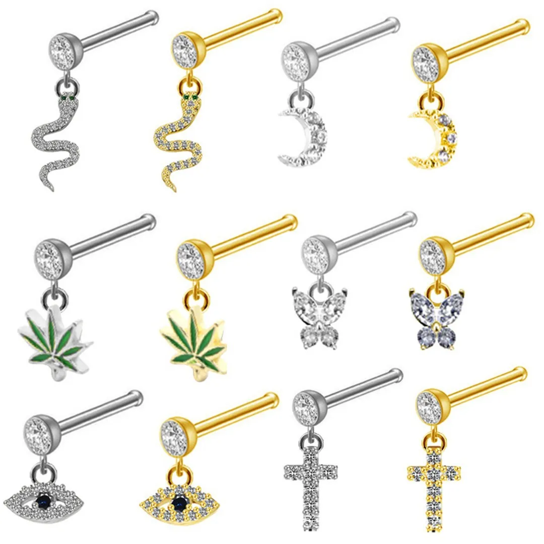 316L Stainless Steel Nose Stud Inlaid Zirconia Butterfly Evil Eye Snake Cross Moon Heart Dangle Body Piercing Jewelry