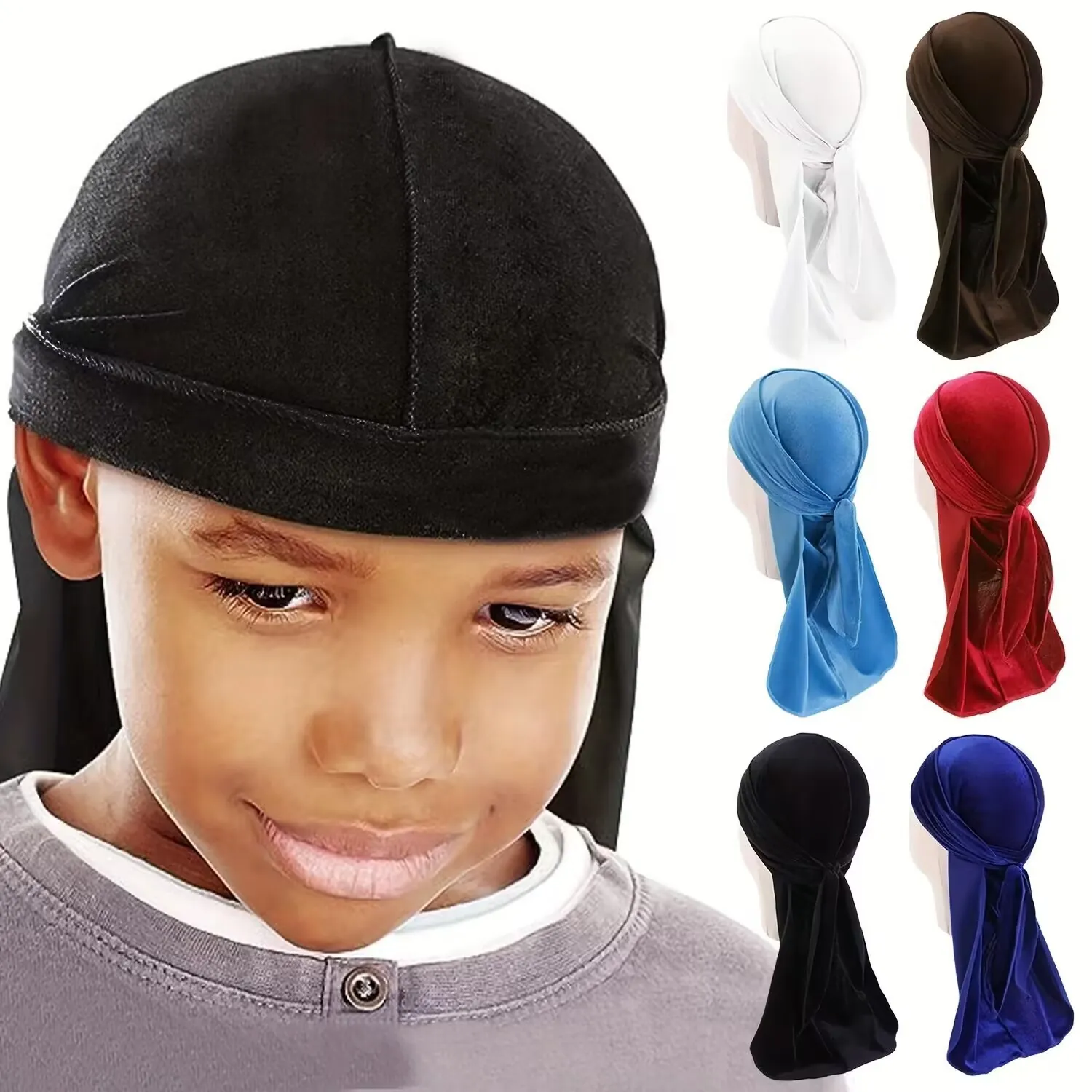 Kids Velvet Long Tail Durag Cap Solid Color Soft Velour Pirate Hat For Boys Girls Hip Hop Style Headwrap Hair Accessory