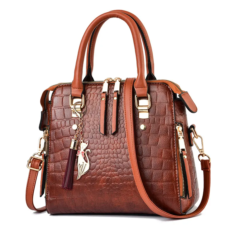 Alligator Reliëf PU Lederen Handtas Voor Dames Gestructureerde Crossbody Schoudertas Met Kattenhanger Kwastje Retro Mode