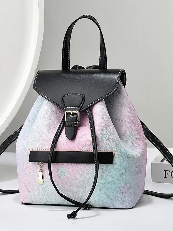 Women's Gradient Floral Print Backpack PU Leather Elegant Fashion Travel Daypack With Drawstring Buckle Closure