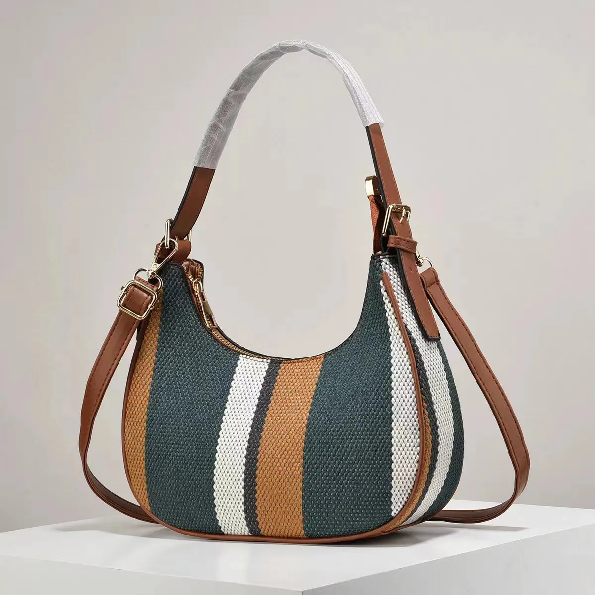 Women's Vintage Vertical Striped Hobo Bag Canvas PU Leather Trim Shoulder Bag Knitting Tote Bag Large Capacity Crossbody Bag