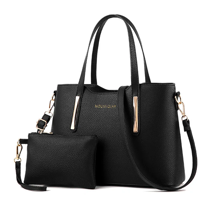 Elegante Set Borsa Tote e Pochette in Pelle PU a Grana di Litchi Per Donna Con Decorazioni in Metallo Dorato Borsa a Tracolla Per Ufficio Quotidiano