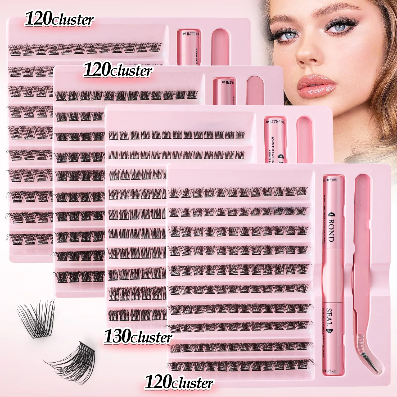 Segmented Cluster Lashes DIY Eyelash Extension Kit C Curl Fluffy Lashes With Dual Ended Bond And Seal Glue Pink Tweezers