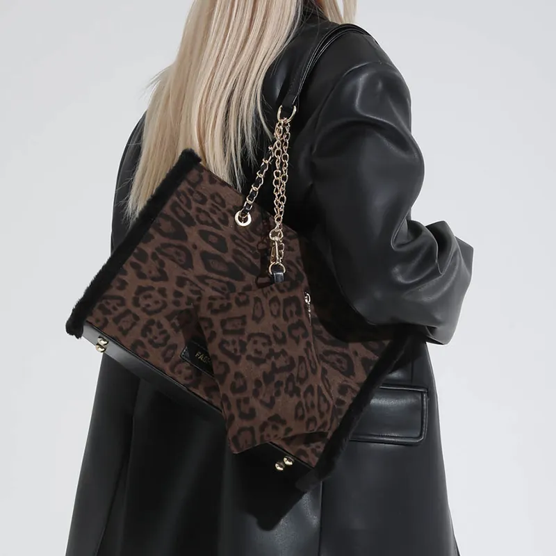 Women's Leopard Print Tote Bag Set Large Capacity PU Leather Handbag With Faux Fur Trim Chain Shoulder Bag For Daily Casual Office
