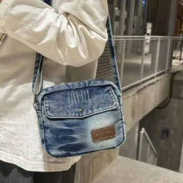 Sac Bandoulière en Denim Lavé Vintage Japonais pour Femmes Hommes Streetwear Petit Sac à Épaule Carré Avec Patch en Cuir