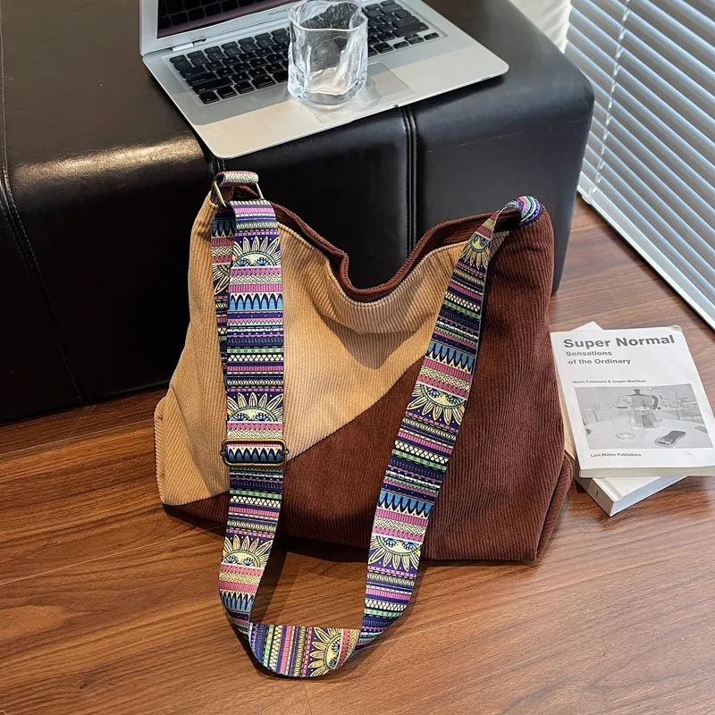 Women Corduroy Large Capacity Shoulder Bag Color Block Crossbody Bag With Ethnic Style Wide Adjustable Strap Fashion Tote