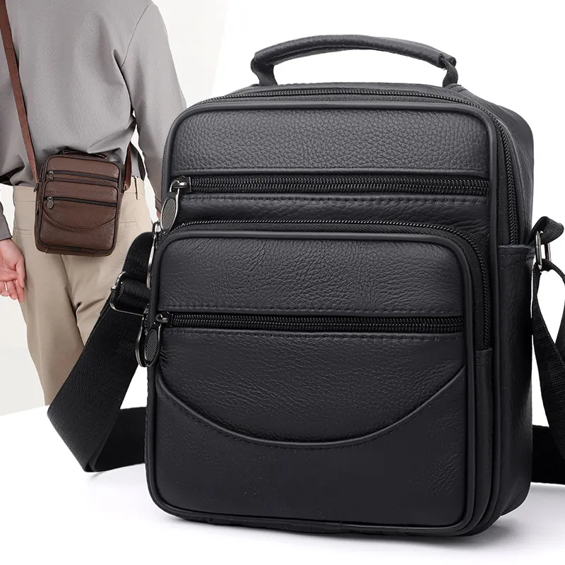Herren Business Casual Umhängetasche PU Leder Litschi Textur Schultertasche Mit Mehreren Taschen Tragegriff Verstellbarem Riemen