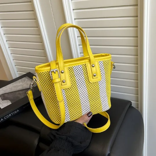 Damen Gestreifte Mesh Gewebte Eimertasche Kleine Mini Tote Handtasche Mit PU Ledergriff Abnehmbarer Schultergurt Lässige Umhängetasche Sommerurlaub Mode Tasche