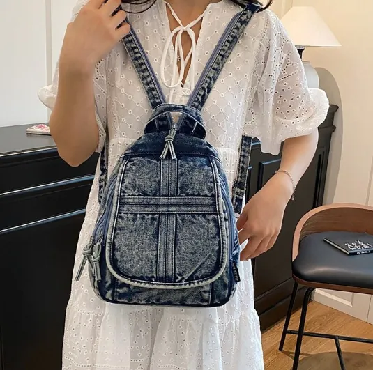 Vintage Washed Denim Backpack For Women Fashion Large Capacity Streetwear Everyday Casual School Bag With Cross Stitching Details