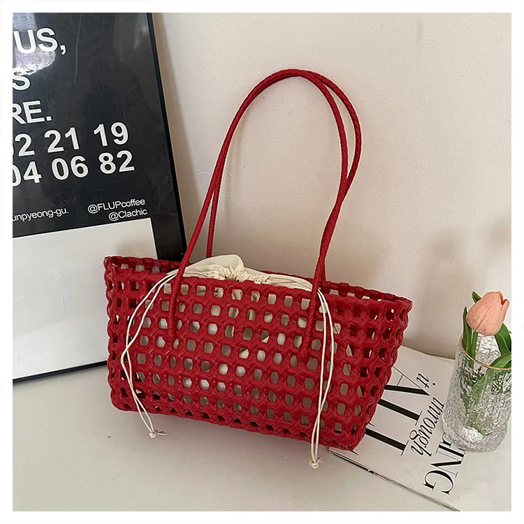 Sac Cabas de Mode pour Femmes Tissé à la Main Avec Pochette Intérieure à Cordon Grande Capacité Tissé Grille Ajourée Sac à Main de Plage Décontracté Quotidien