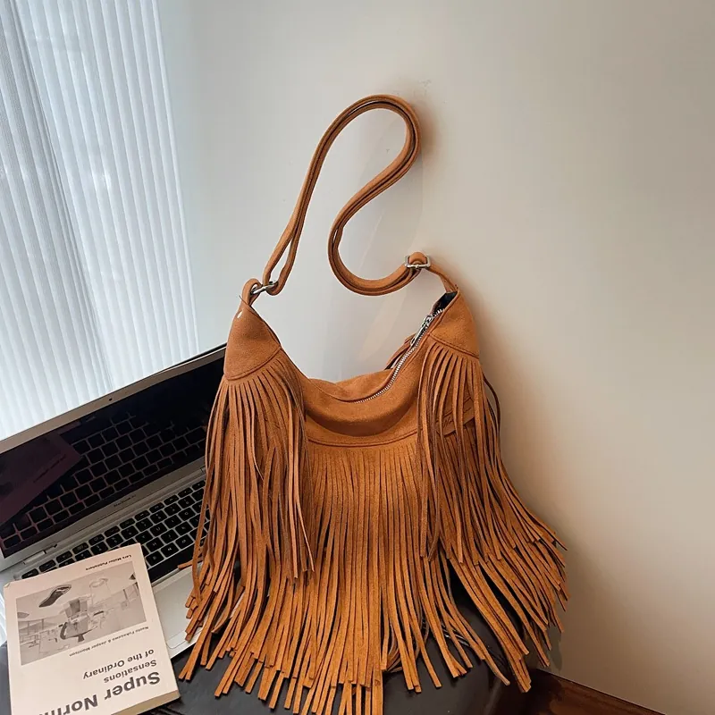 Women Bohemian Faux Suede Fringe Hobo Bag Retro Large Capacity Tassel Shoulder Bag Crossbody Purse Adjustable Strap