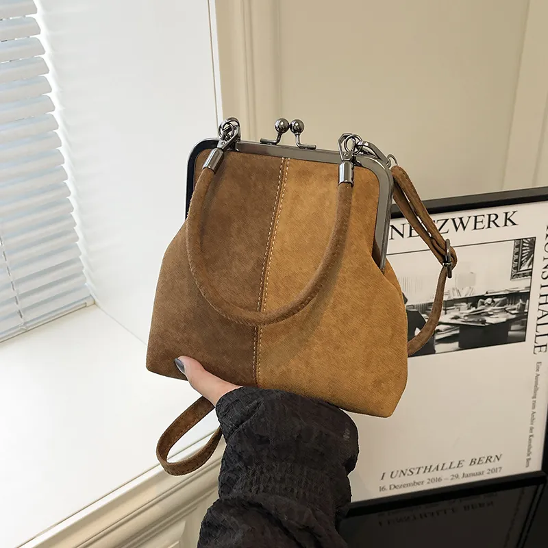 Women Vintage Faux Suede Kiss-lock Handbag Retro Colorblock Doctor Bag Small Shoulder Crossbody Bag With Adjustable Strap Shell Bag