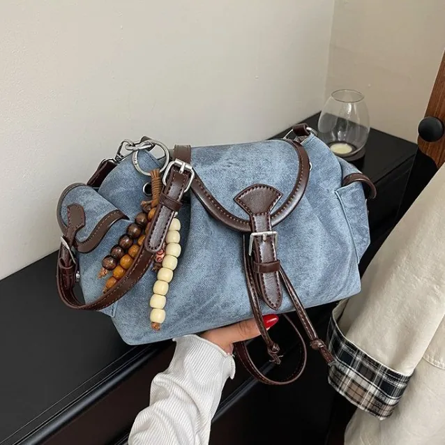 Women Vintage PU Leather Denim Fabric Crossbody Bucket Bag With Drawstring Wooden Bead Charm Fashion Single Shoulder Bag