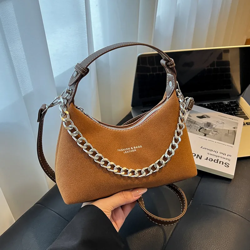 Borsa Hobo in Pelle Scamosciata Vintage per Donna Catena d'Argento Borsa a Tracolla Retro Moda Borsa Sotto l'Ascella