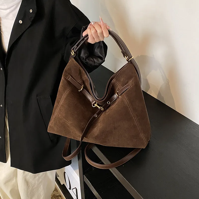 Women Retro Suede Texture PU Leather Tote Bag Large Capacity Multi-functional Single Shoulder Backpack Commuting College Bag Gold Hardware
