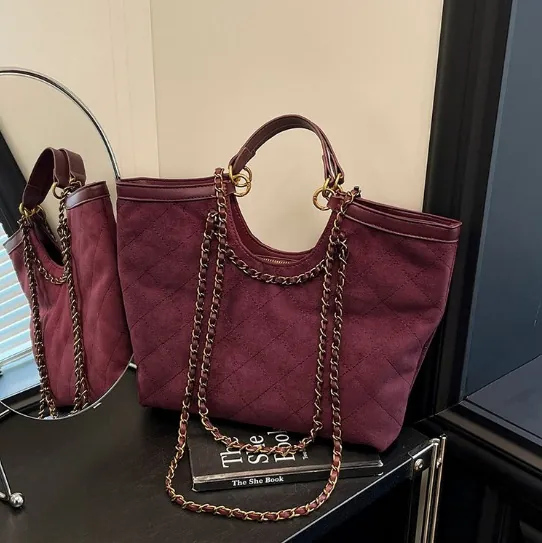 Γυναικεία Vintage Τσάντα Tote με Διαμαντένιο Πλέγμα Μεγάλη Χωρητικότητα Όψη Σουέτ Τσάντα Ώμου Με Λουράκι Αλυσίδας Ρετρό Μόδα Τσάντα Χειρός
