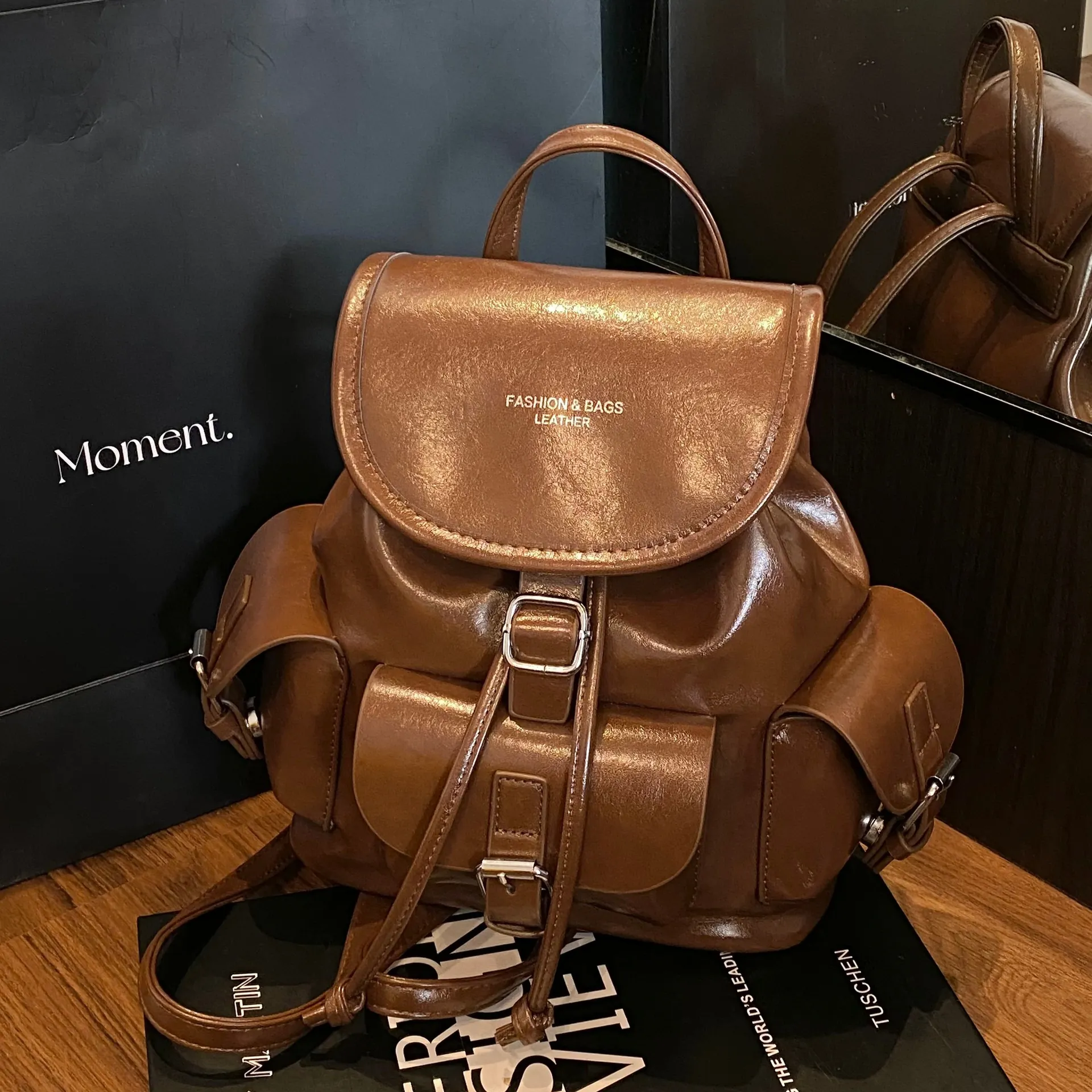 Vintage Women PU Leather Backpack Large Capacity Multi Pocket Fashion Travel Bag Urban Commute School Student Bookbag