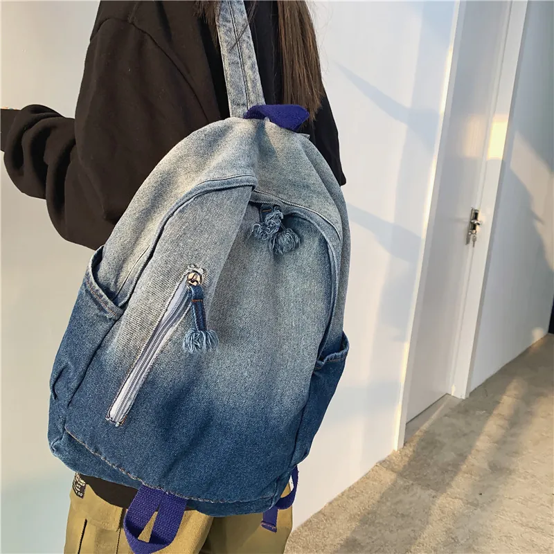 Sac à Dos Vintage en Denim Délavé Dégradé pour Hommes Femmes Sac d'École en Toile Simple Grande Capacité Sac à Dos Décontracté