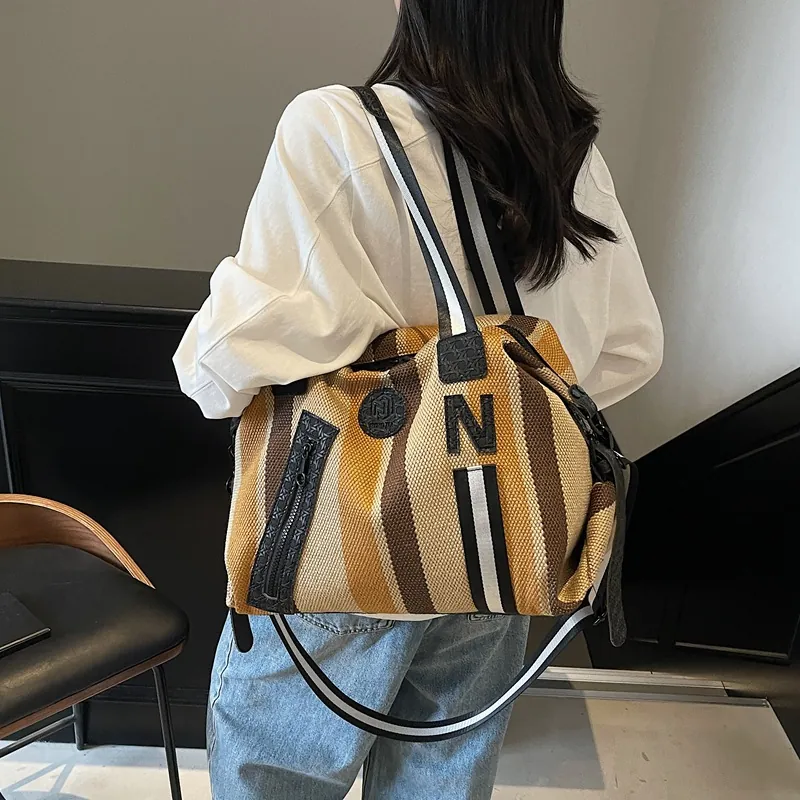 Large Capacity Striped Oxford Cloth Tote Bag With Wet Dry Separation Women's Woven Shoulder Crossbody Travel Gym Bag