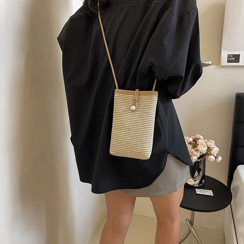 Women Summer Woven Straw Crossbody Phone Bag Mini Square Bag With Pearl Flower Buckle Cotton Linen Small Shoulder Pouch