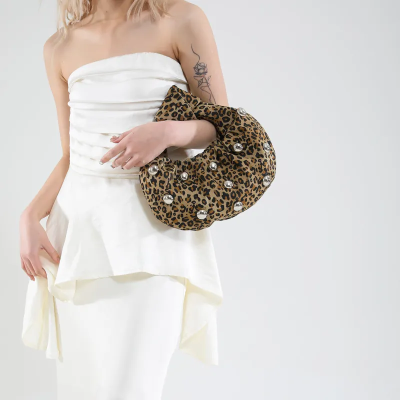 Vintage Rivet Underarm Bag Women Leopard Zebra Floral Print Fabric Handbag Knot Handle Silver Studded Shoulder Bag