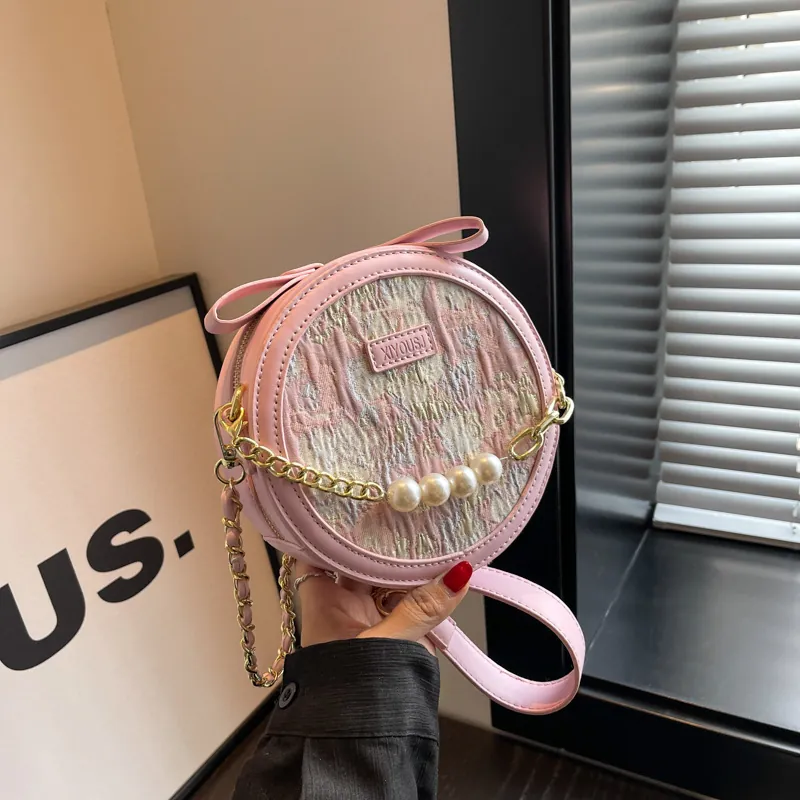 Sac Bandoulière Circulaire en Cuir PU Mode Pour Femmes Décor Chaîne de Künstliche Perles Nœud Petit Sac Rond Élégant Sac à Main