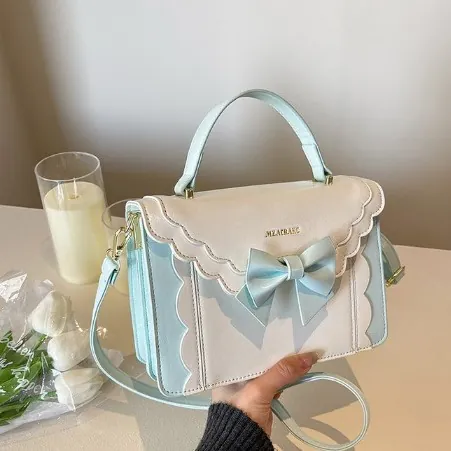 Women Sweet Bowknot Scalloped Edge PU Leather Small Square Bag Fashion Color Block Shoulder Crossbody Handbag For Daily Date
