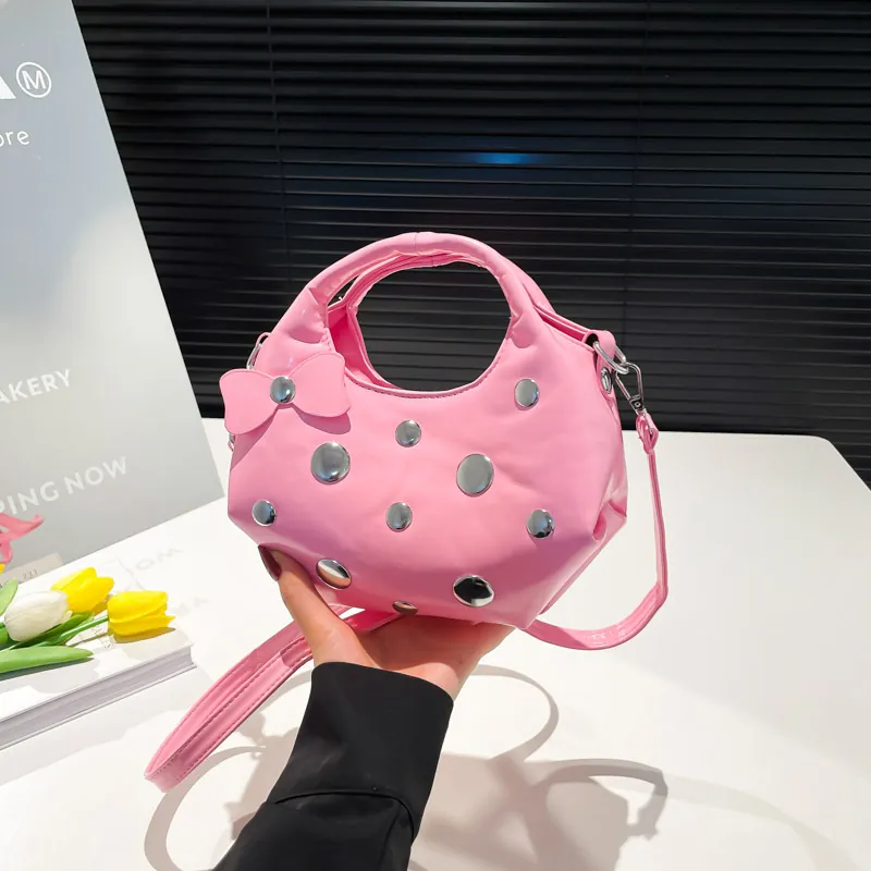 Women's Trendy Glossy PU Rivet Shoulder Bag With Bow Decoration Half Moon Fashion Underarm Handbag Adjustable Strap