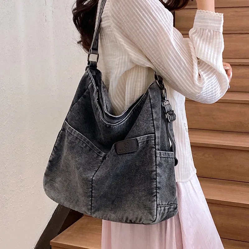 Women's Large Capacity Denim Tote Bag With Polyester Lining Casual Washed Multi-Pocket Shoulder Bag Adjustable Crossbody
