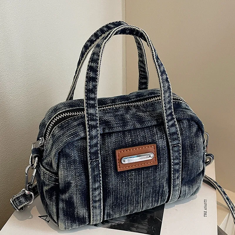 Retro Washed Denim Handbag For Women Vintage Boston Bag With Adjustable Strap Casual Crossbody Shoulder Bag Small Travel Purse
